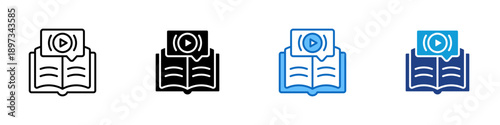 Video Learning Multiple Style Icon Design Vector - Open book with play button representing digital education, multimedia learning, and instructional content
