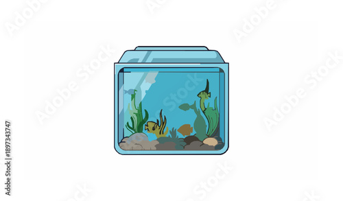 Glass aquarium with tropical fish vector illustration in clean flat design isolated on white