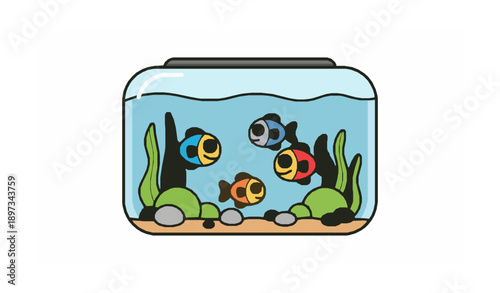 Cute cartoon aquarium with happy fish vector illustration isolated on white background