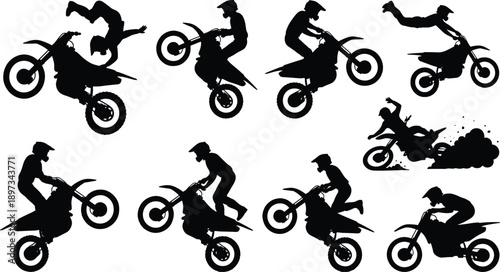Silhouette set of motocross riders performing extreme dirt bike stunts and aerial jumps, freestyle motorcycle action poses isolated on white background, adrenaline sports illustration