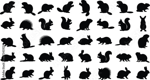 Collection of Rodent and Small Mammal Silhouettes Featuring Beaver Squirrel Rabbit Porcupine and Groundhog Icons Isolated on White Background for Wildlife Nature Vector Design