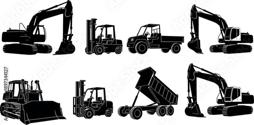 Construction vehicle silhouettes including excavator, forklift, bulldozer, dump truck, and industrial machinery for heavy equipment work, engineering projects, and building industry illustration