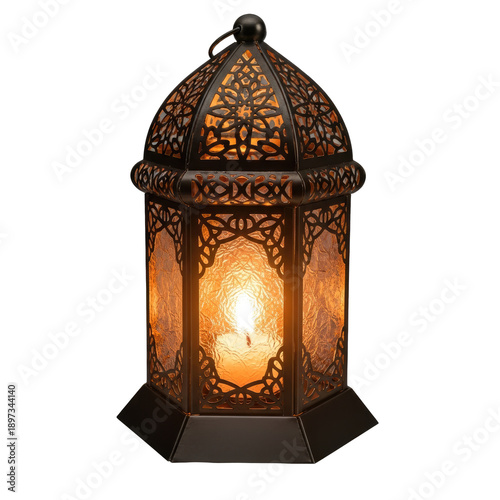 Ornate Moroccan Lantern with Flickering Candlelight on White Background.
