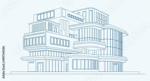 A detailed architectural blueprint of a modern multistory building with various balconies and windows