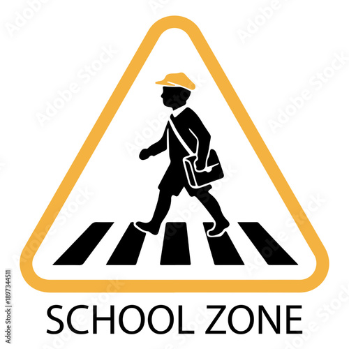 School Zone Traffic Safety Sign Vector Illustration: Yellow Warning Road Sign for Student Crossing and Pedestrian Caution.
