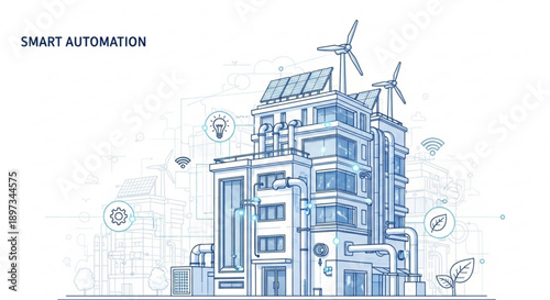 A futuristic smart building with solar panels and wind turbines on a technical blueprint background with various icons