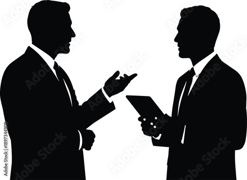 Two businessmen silhouettes discussing project while using digital tablet, professional corporate communication meeting concept, teamwork negotiation strategy leadership, isolated on white background