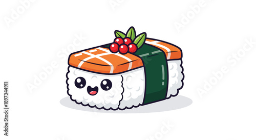 Cute sushi character with happy face and salmon topping.