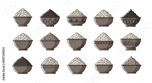 Set of Vector Icons Depicting Traditional Porridge Bowls and Kolak Dessert with Decorative Designs
