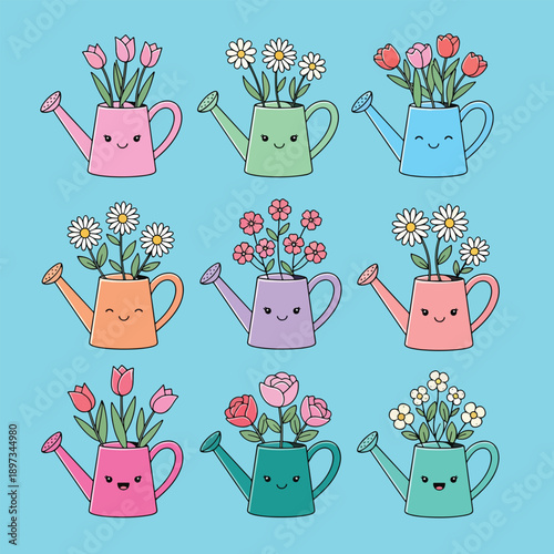 Cute watering cans with flowers adorable spring garden illustration.