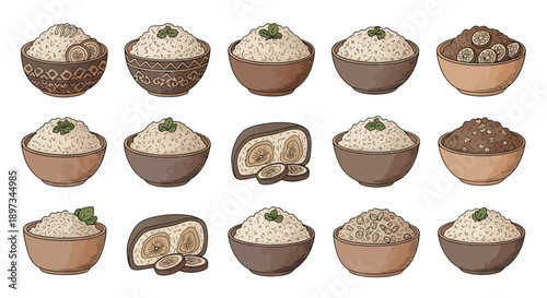 Set of hand drawn rice bowls and traditional asian dessert with banana and leaf garnish isolated on white background