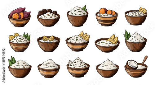 Hand drawn Indonesian traditional dessert kolak illustration set with banana, sweet potato, and coconut milk in wooden bowl collection