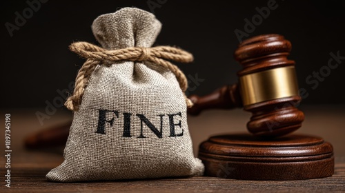 Elegant photo of Money bag with the word fine and a judge gavel on a wooden table representing legal penalty .Made Genarative AI