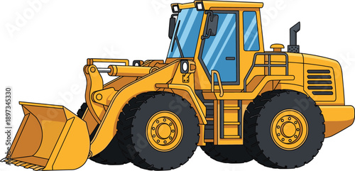 Yellow wheel loader construction vehicle illustration, heavy industrial machinery for earthmoving, mining and construction work, detailed vector equipment isolated on white background