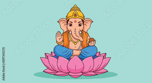 Lord Ganesha sitting on a lotus flower illustration.
