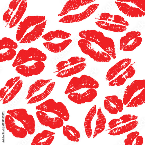 Red Lipstick Kiss Marks Seamless Pattern, Romantic Lips Print Vector for Cosmetic, Love, Fashion, Beauty, and Valentine Designs. Sexy Lips Illustration.
