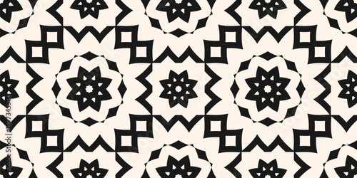Vector seamless pattern with ethnic geometric ornament. Monochrome oriental floral and stars texture. Stylish folk background. Black and white repeating design for wallpaper, print, decor, carpet