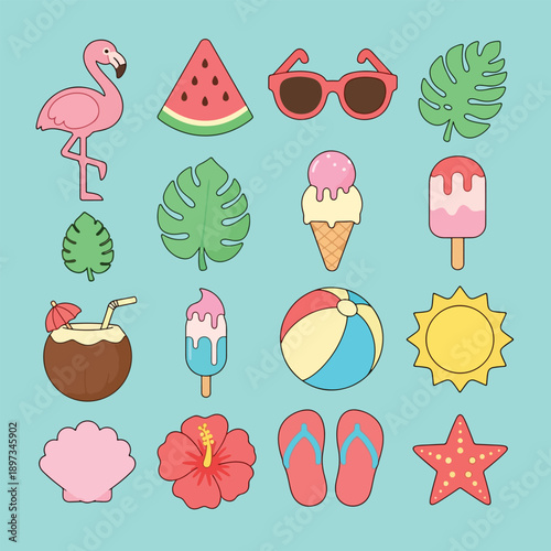 Summer vacation icons set with flamingo watermelon sunglasses and ice cream.
