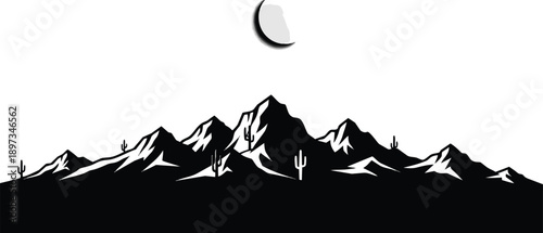 Black and White Mountain Landscape Silhouette.