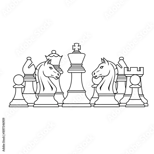 Set of chess pieces illustration - king, queen, rook, knight, bishop, and pawn