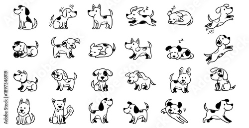 Hand drawn dog doodle vector set with cute playful puppy illustrations