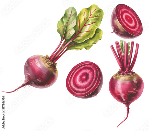 Hand painted watercolor beetroot set with leaves and sliced pieces.
