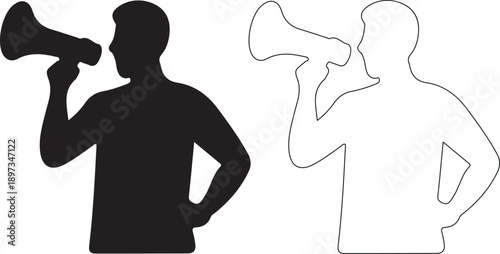 Silhouette of a man speaking into a megaphone with a line drawing copy