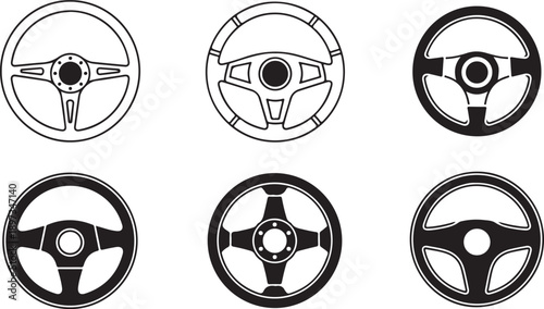 Six different steering wheel designs in black and white