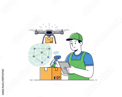 Drone Delivery Logistics Concept, Courier Scanning Parcel with Barcode on Tablet, UAV Shipping Package Tracking Map, Last Mile Distribution, Modern Flat Vector Illustration