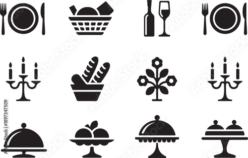 Black icons depicting various dining elements like plates cutlery and serving dishes