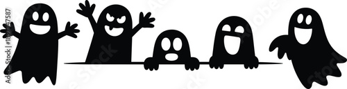 Cute ghost cartoon silhouette set, funny spooky Halloween characters with happy expressions isolated on white background for kids design