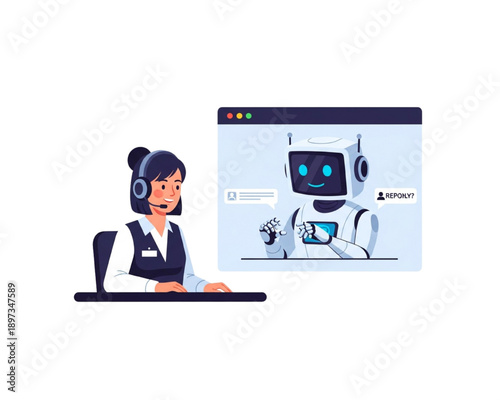 AI Customer Support Chatbot Assistant, Call Center Agent with Headset Talking to Robot on Screen, Online Helpdesk Automation, Virtual Assistant Chat Service, Modern Flat Vector