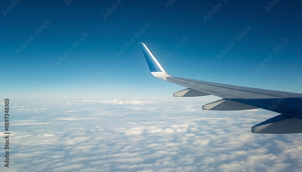 Fototapeta premium Airplane wing soaring through clear blue sky above fluffy white clouds