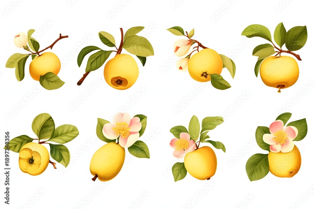 Obraz premium Collection of ripe yellow quince fruits with blossoms and leaves on branches