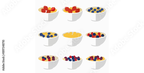 Isolated breakfast cereal bowls with cornflakes and berries flat vector icons