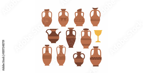 Ancient Greek and Roman amphoras flat vector set with clay pottery and golden cup