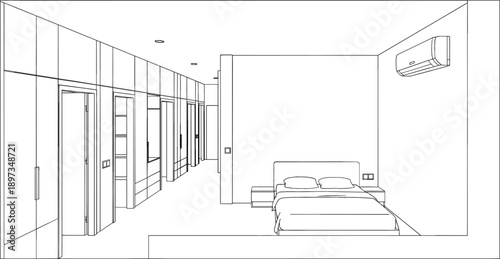 Modern minimalist bedroom interior design line art illustration featuring a large wardrobe hallway and wall mounted air conditioning unit