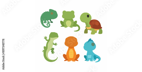 Cute reptile and amphibian cartoon characters vector set with frog turtle chameleon