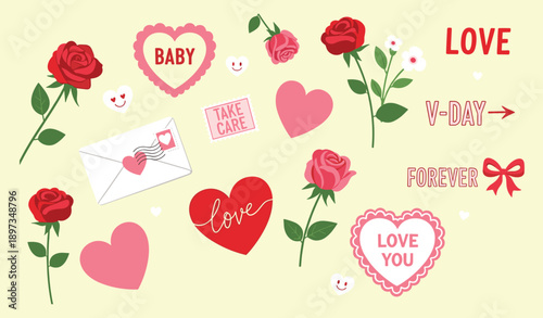 Valentine’s Day illustration with roses, hearts, love letters, and romantic text in flat vector style for affectionate and festive design themes.