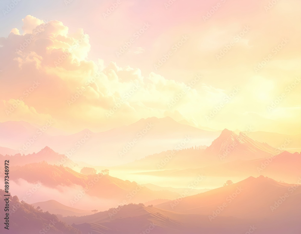 Obraz premium Serene Landscape with Colorful Sunset and Soft Pastel Clouds