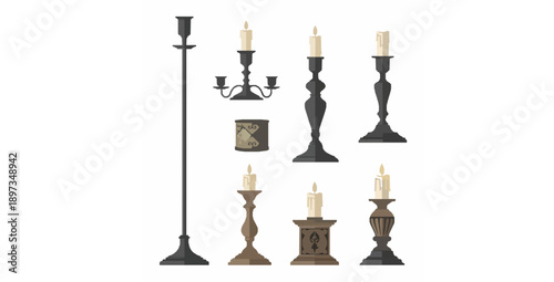 Vintage candlestick and candle holder flat vector set on white background