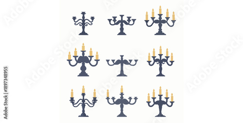 Ornate candelabrum flat vector illustration set for luxury decor design