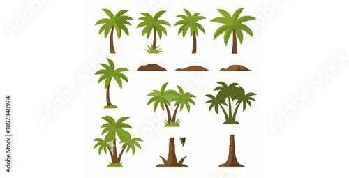 Palm tree landscape flat vector assets for tropical mobile game levels