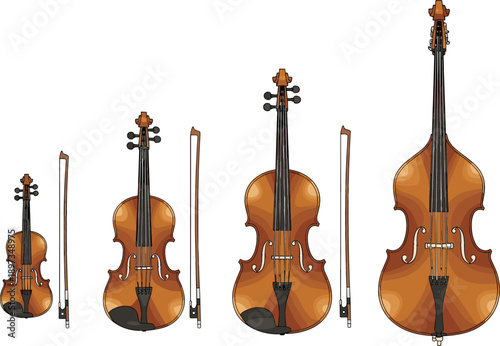 Set of classical string instruments including violin, viola, cello, and double bass with bows isolated on white background vector