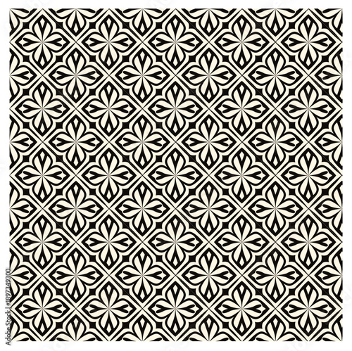 Seamless Retro Geometric Floral Pattern in Black and Beige