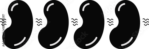 Kidney bean silhouette icon set, black legume shapes with smell lines isolated on white background for food design projects illustration