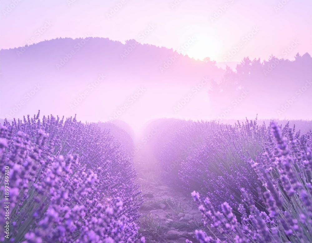 Fototapeta premium Serene Lavender Field at Dawn with Gentle Mist and Soft Light