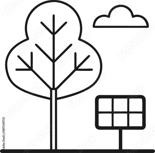 solar panel tree combo outline  vector on white background 