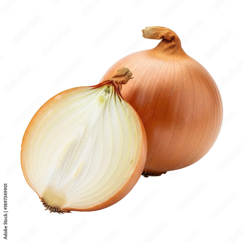 Fototapeta premium Fresh whole and halved yellow onion isolated on white background.