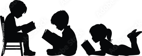 Children reading book silhouette set, kids studying and learning poses isolated on white background for education design concepts illustration vector